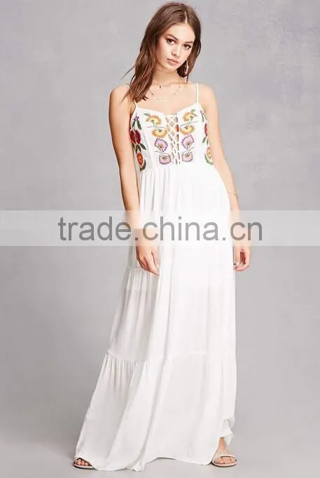 2017 Summer Latest Floral Embroidered Beach Dress Plunging Neckline Boho Maxi Dress HSd9209