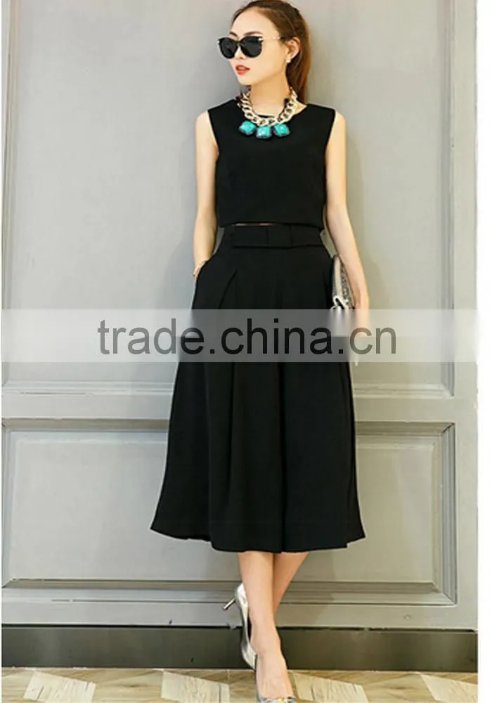 Fashion women clothing two pieces sleeveless black plain salwar suit with wide legging pants