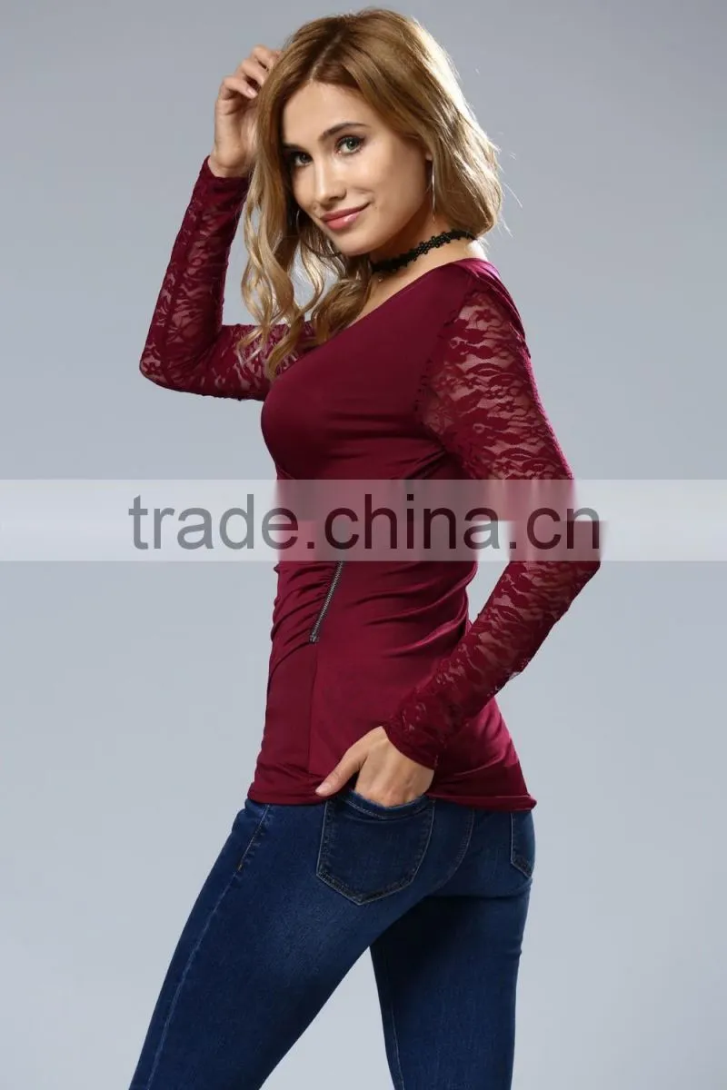 Clothes woman fashion long bell sleeve deep V neck lace blouse 2017