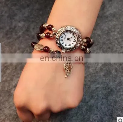 Women Retro Pendant Quartz Watch Multi-color Imitation Agate Beads Bracelet Lady Casual Wristwatch