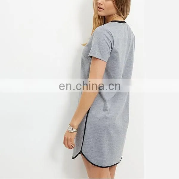 Latest Grey Contrast Trim T-Shirt Dress Short Sleeve Fashion Women Long T-shirt