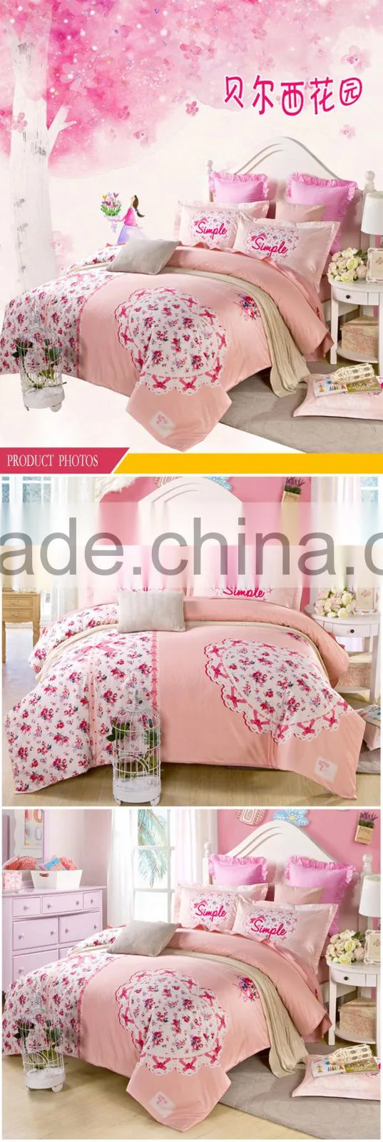 China factory made reactive pink flowers bedding set