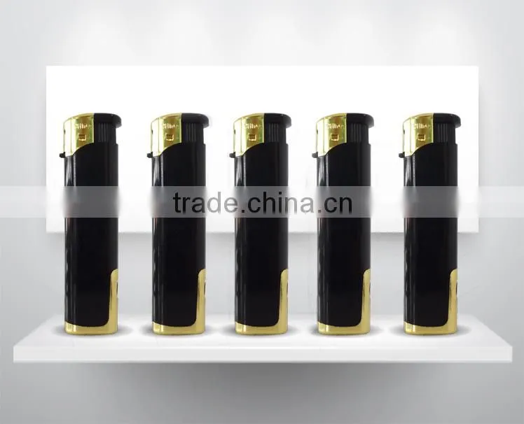 wholesale black color windproof electronic lighter, refillable cigarette lighter with led