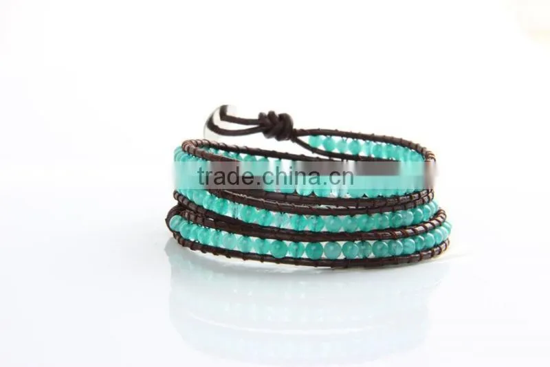 New Trendy Leather Wrap Bracelet 4MM Green Stone Handmade Bead Bracelets Bead Jewelry Manufacturer