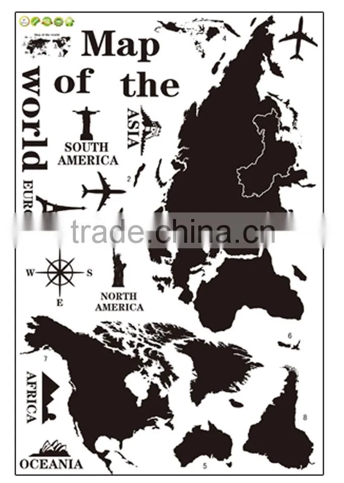 ALFOREVER Black pvc removable wallmap wall sticker,wallmap wall decals