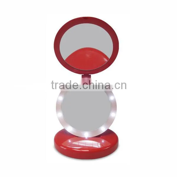 Plastic two way 5x magnifying compact travelling mirror with led light