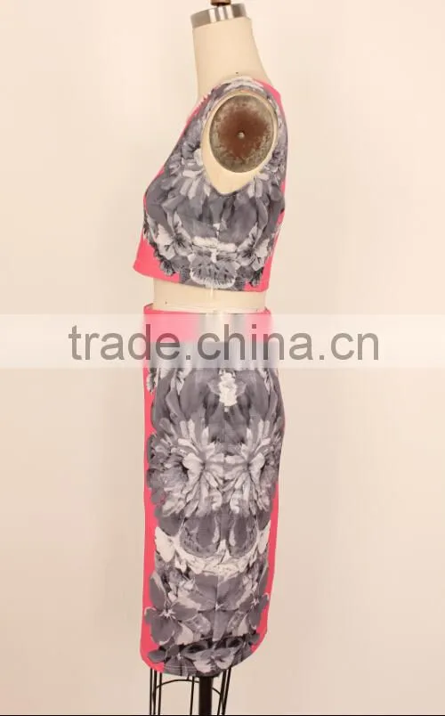 2015 fashion printed sleeveless tops and long skirts woman suit