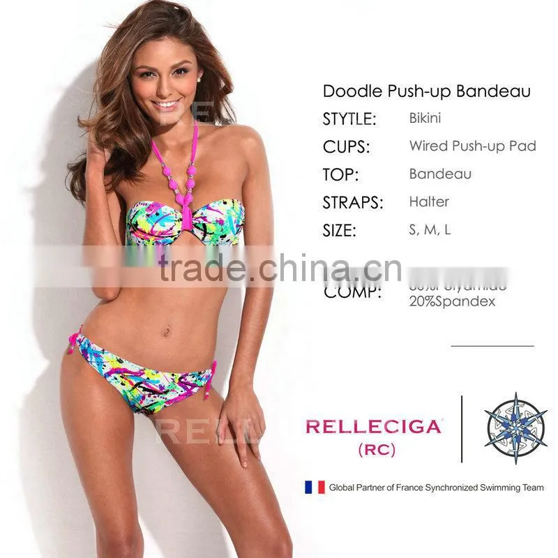 Wholesale Swimwear! Push-Up Sexi Hot Girl Bikini Model with Neon Pink Neck Ties by RELLECIGA