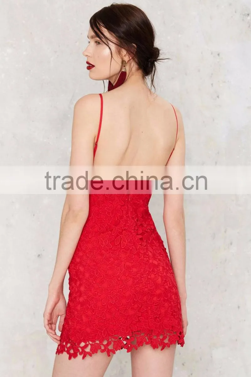 2016 OEM Service Sexy Cotton Tassel Backless Red Crochet Mini Dresses