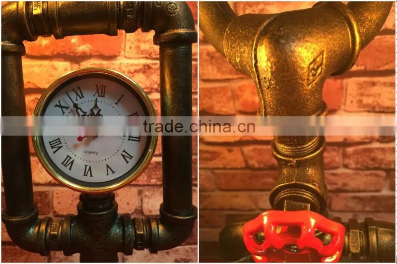 Industrial Style Pipe Lights Steampunk Pipe Table Lamp Edison Lamp Double Head With Clock