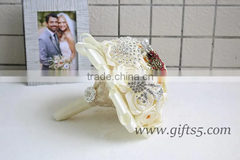 Amazing Wedding Bouquet with Rhinestones Beadings Pearls and Glaring Jewels Satin Ribbon Bow Knot