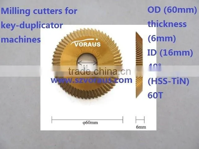 Milling cutters for key-duplicator machines OD (60mm) thickness (6mm) ID (16mm) (HSS-TiN) 60T