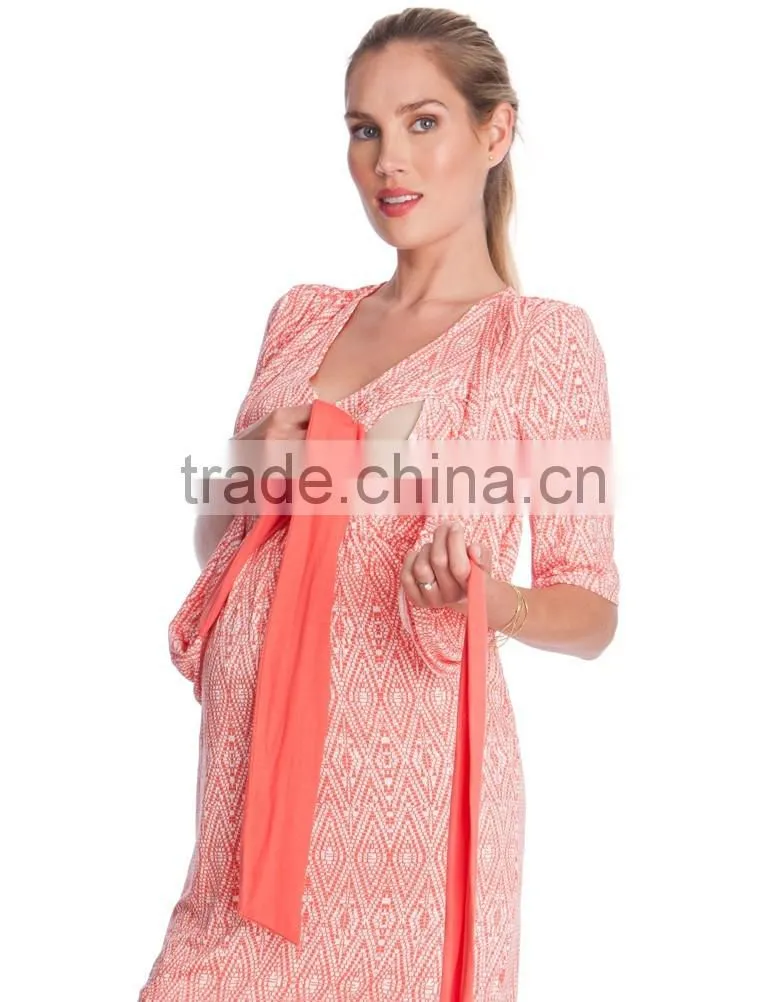 Newest Design Pink and White Maternity Dress Folk Stlye