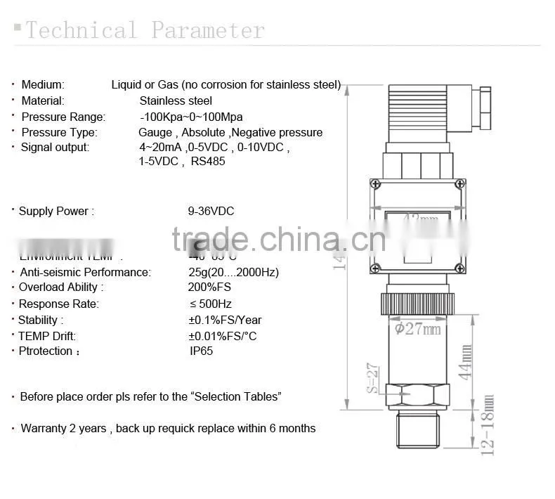 TP-C-1 high resolution industrial gas pressure sensor 0-10v hersman lead cable factory