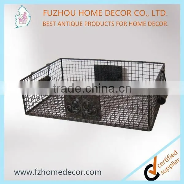 Wooden hexagon wall shelf with metal mesh /chrome wire shadow box
