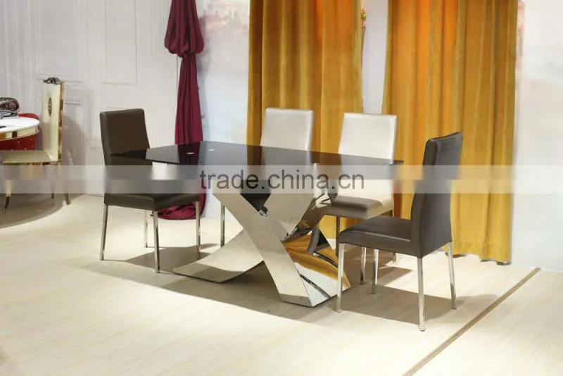 X Shape Metal Base Tempered Glass Dining Table