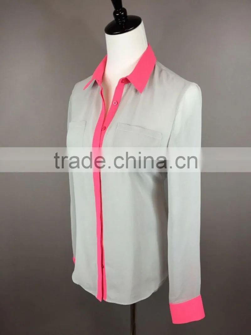 Latest Womens Gray/Pink Chiffon Button-Down Dress Shirt OL Career Blouse