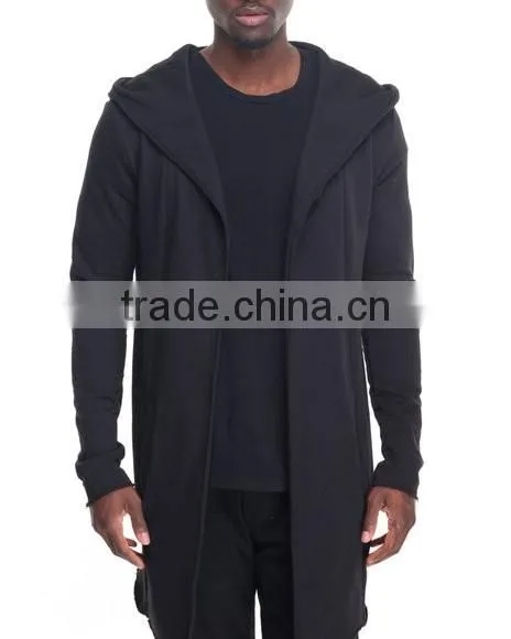Open front Long sleeve men's elongated hoody coat attached hood made in China factory