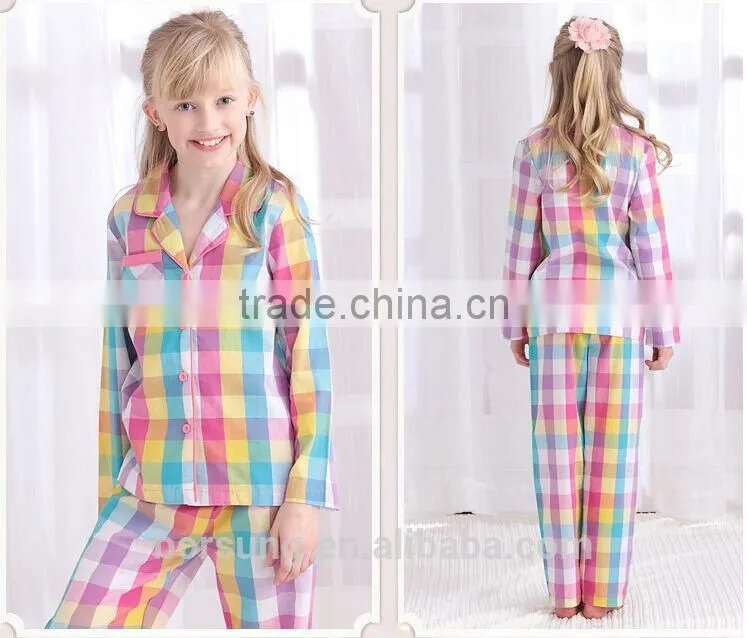 2015 top fashion 100% cotton home Lattice sleepwear spring summer long sleeve Turn-down Collar kids pajamas
