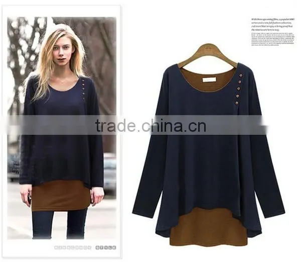 New design irregular two color fake two pcs long sleeve women wear loose T shirt water fall