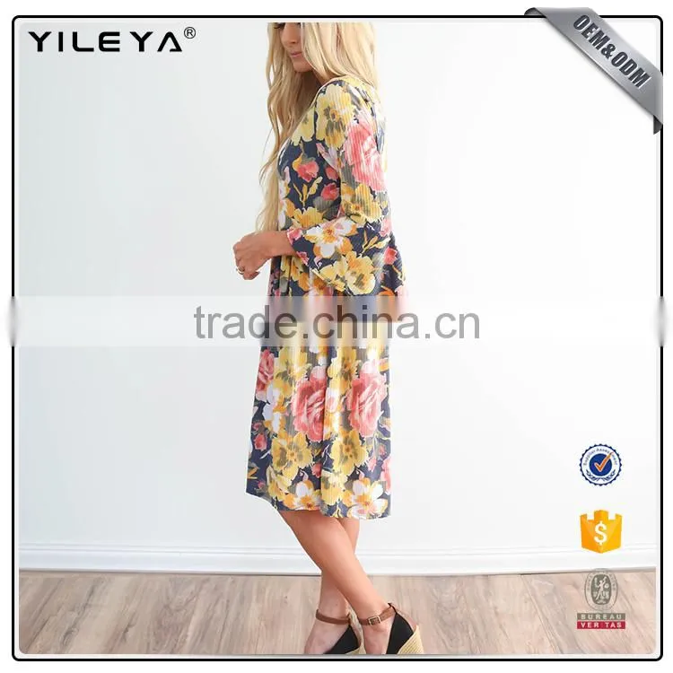 With sleeve korean women sexy summer floral midi dress