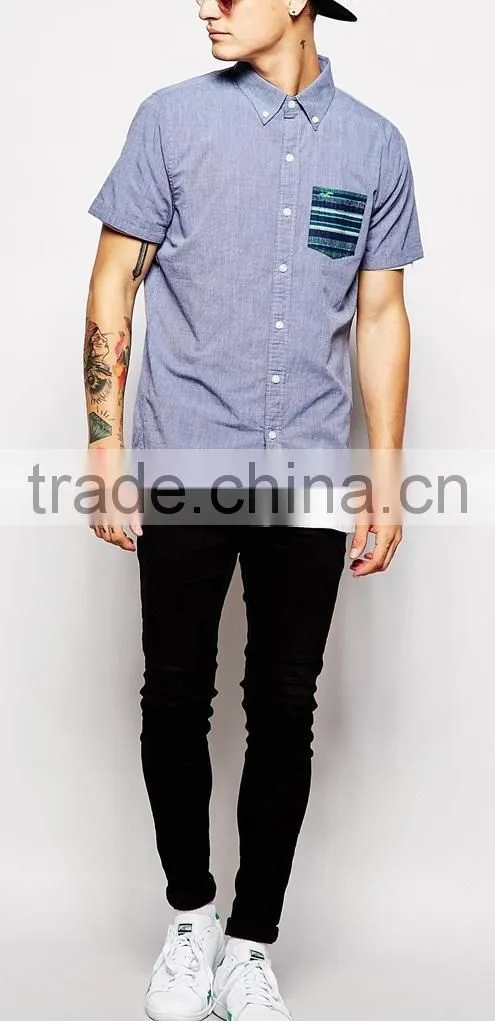 2015 Breathable cotton cool cotton Shirt with Contrast Pocket Short Sleeves Embroidered men short sleeve shirts