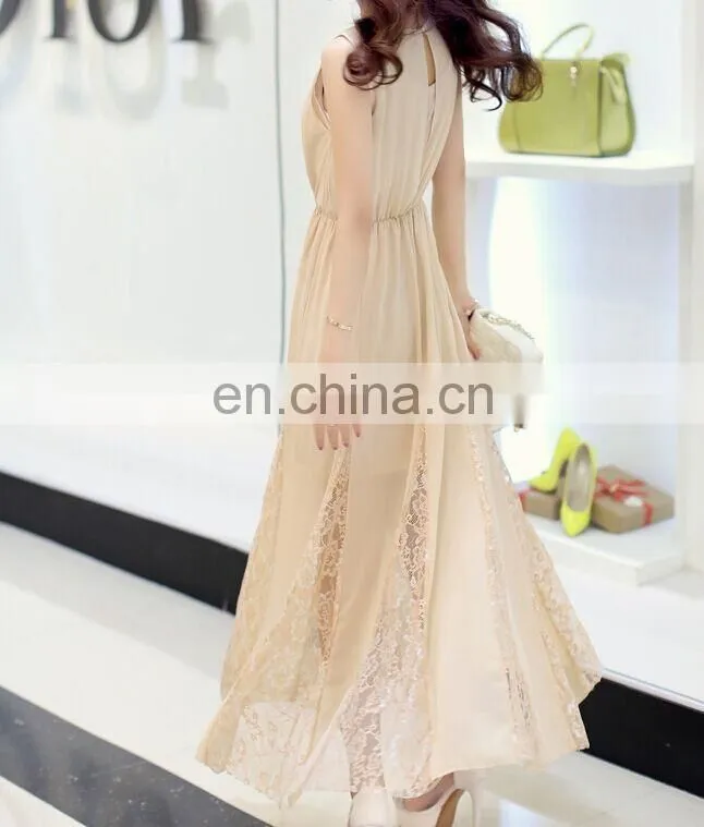 flowery lace stitching chiffon sleeveless long dress black white