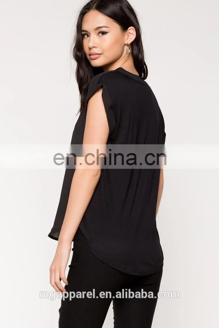 Wholesale blank split neck short sleeve black t shirts for women