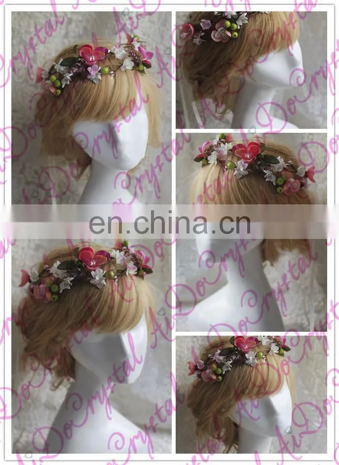 Aidocrystal pink goddess Flower Crown with lace bridal Wedding party hair accessories