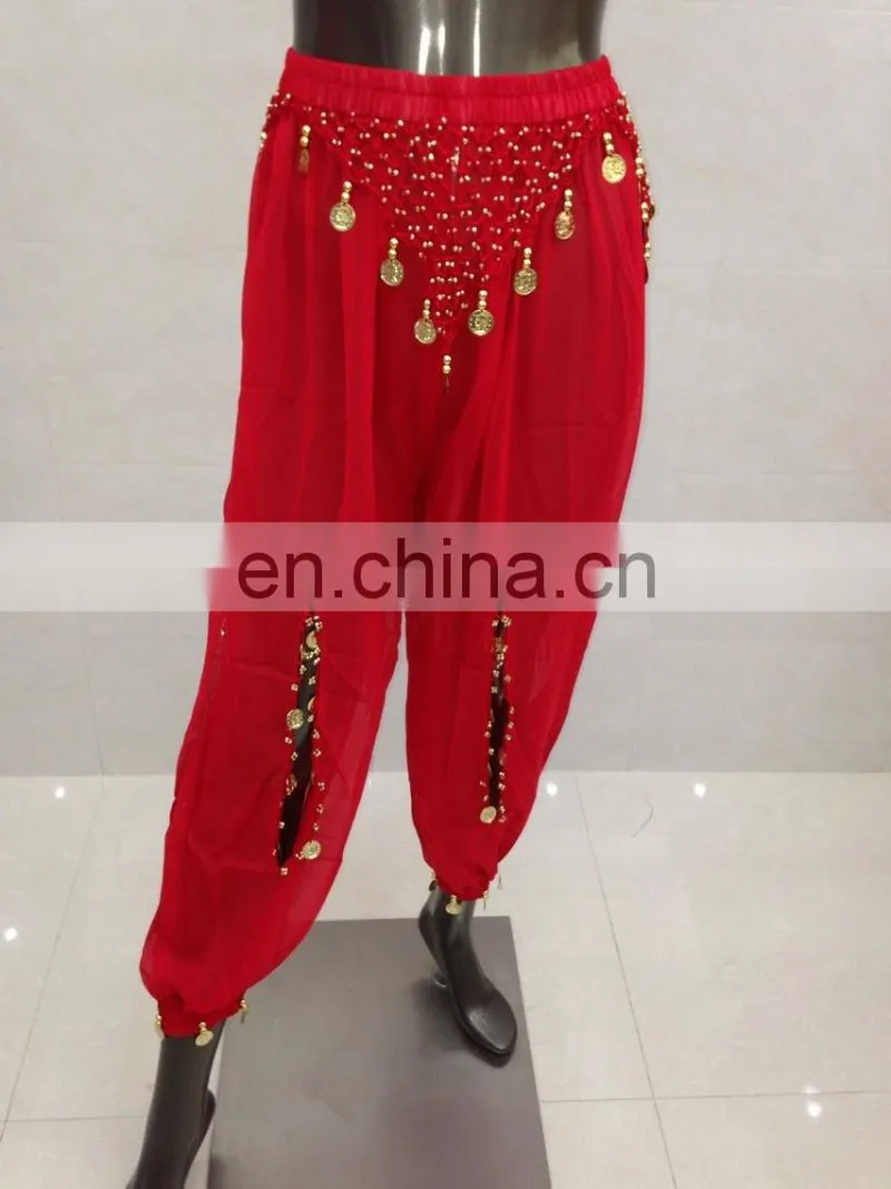 Red arabian performance belly dance harem pants with hollow and gold coins K-4029#