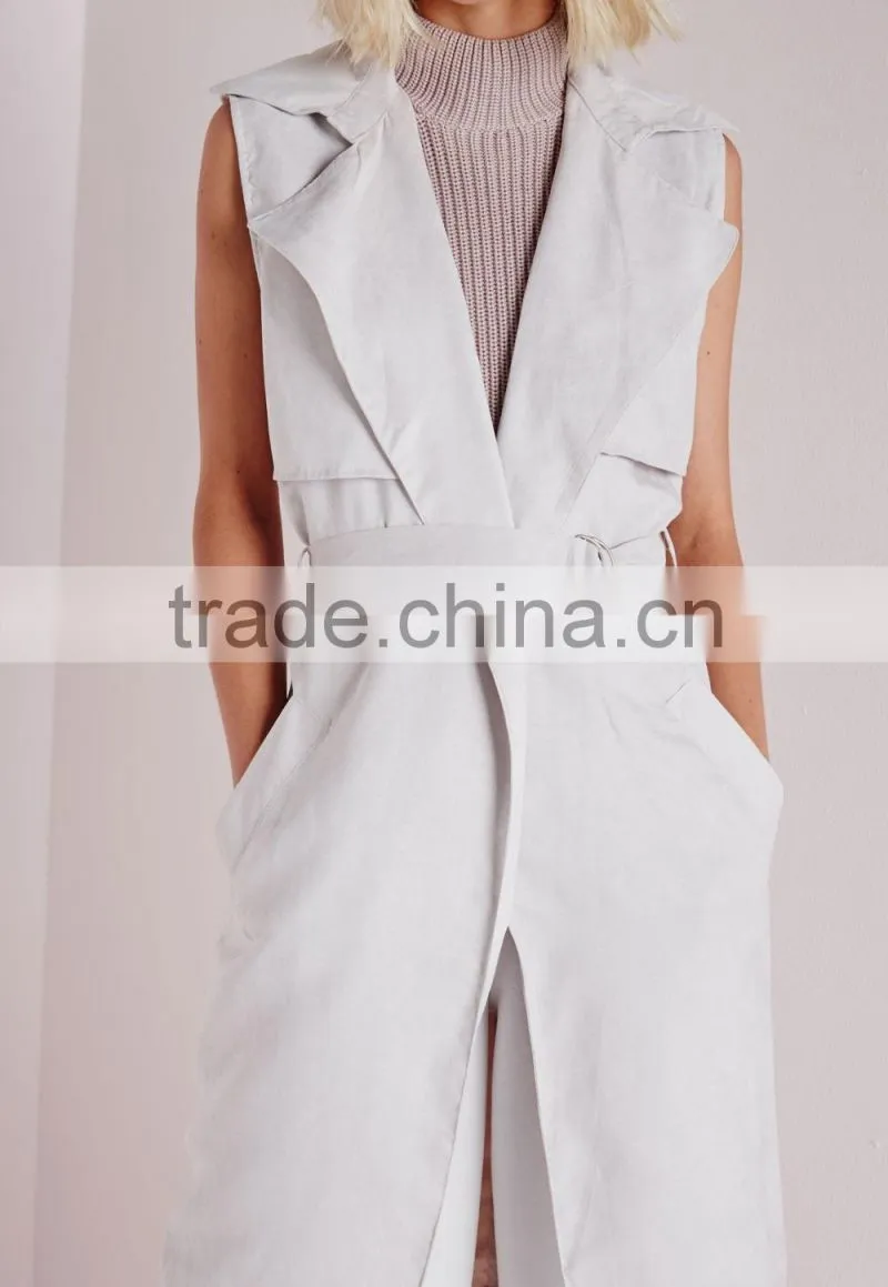 2015 Women Winter Sleeveless Long Faux Suede Trench Coat