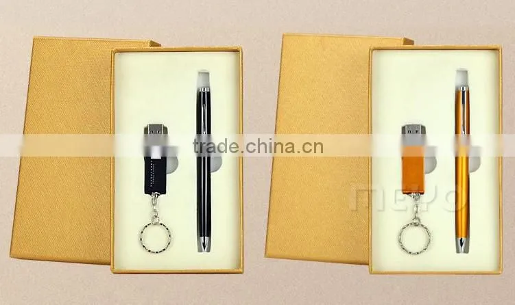 Corporaiton keychain usb flash drive and metal ball pen office gift set