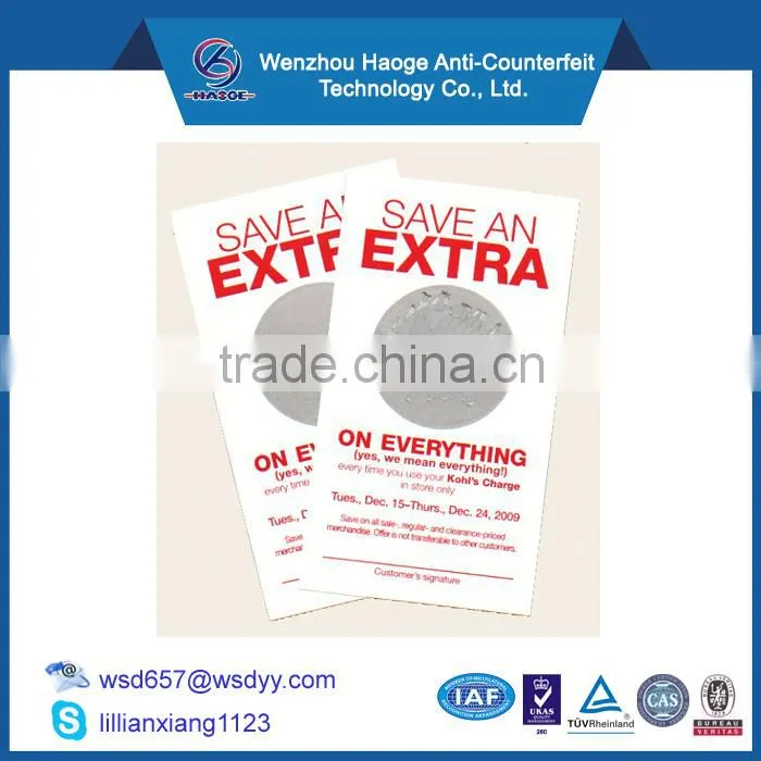 Custom anti-counterfeit scratch off coupons