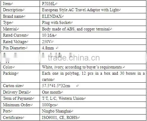 European Style AC Travel Adaptor with Light (P7036L)