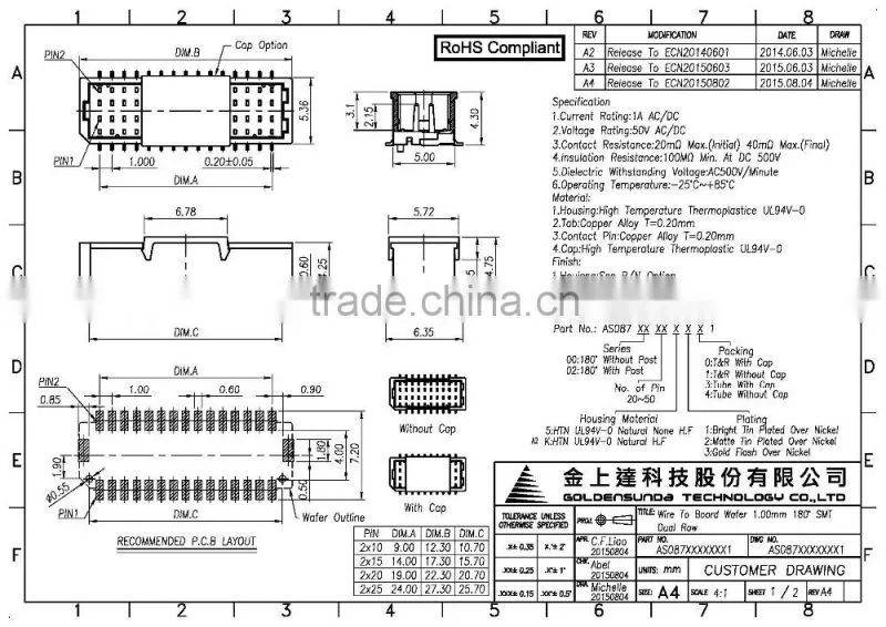 1mm Pitch PCB Wire to Board SMD 20 30 40 50 Pins Connector