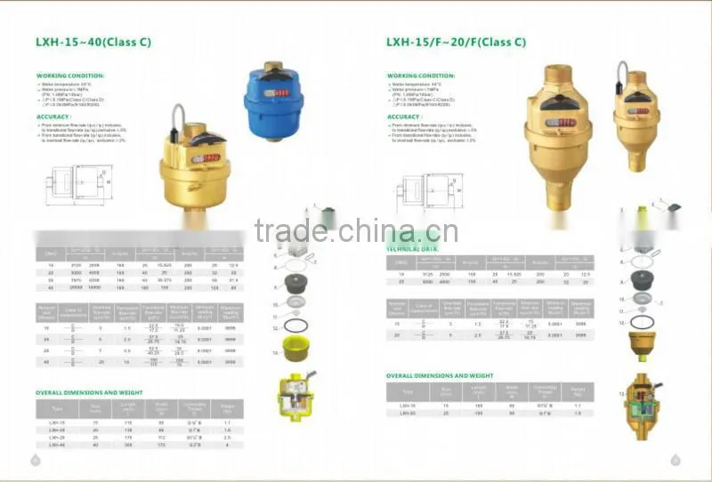 Volumetric Rotary Piston Brass Body Class C PN16 Water Meter (ITEM NO.:LXH-15-40)