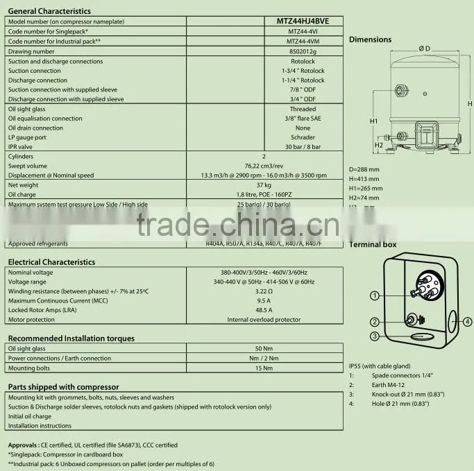 Maneurop piston Refrigeration compressor MTZ44 factory price