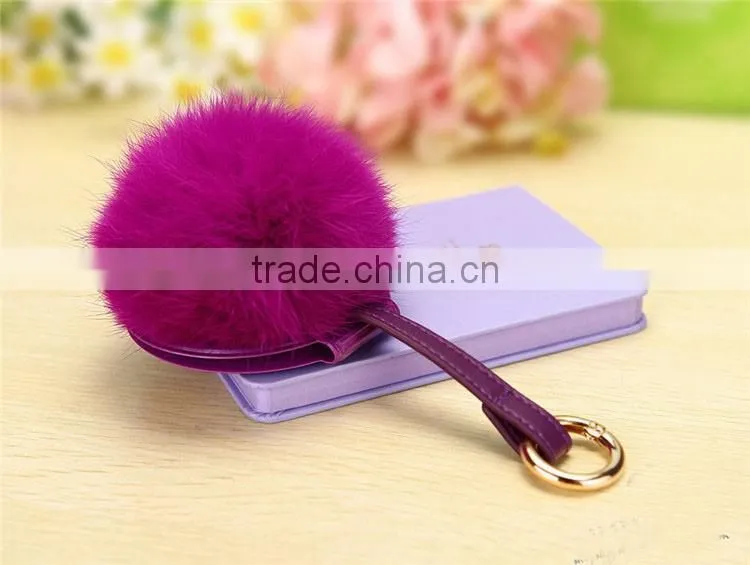 9cm Genuine Rex Rabbit Double Makeup Mirror Keychain Fur Ball Key Chain