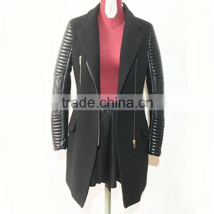 2016AW woolen garment customized woman's fashion long biker coats embroidered PU sleeve