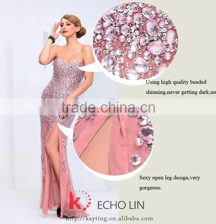 2014 Latest design off-shoulder sexy high slit pink evening dress celebrity evening dress