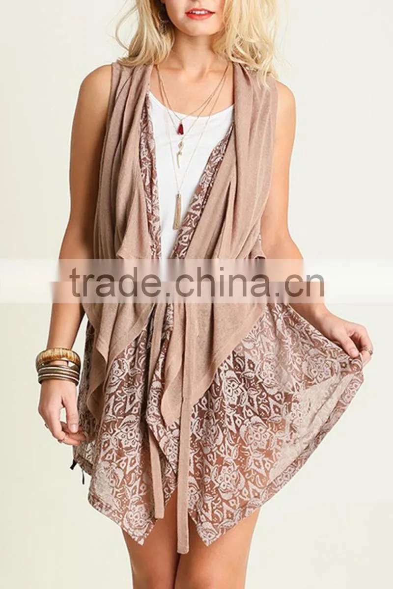 Women Lace Trim Printed Vest With Tie For Layered Outer Wear