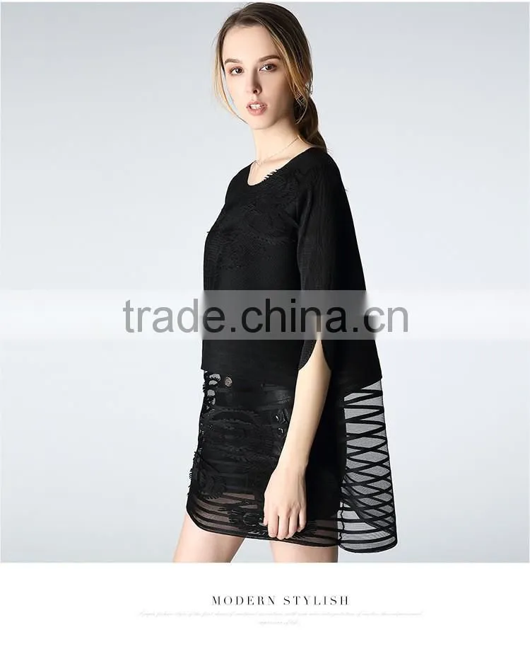 Woman pleat round neck flower splicing loose dresses wholesale