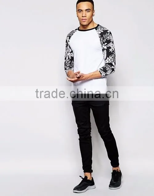 Men muscle fit floral pattern print contrast long raglan sleeve white t-shirt OEM custom