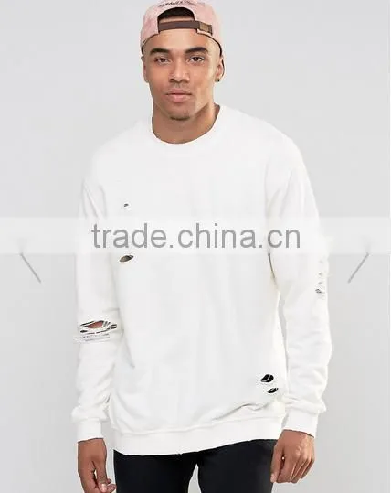 2016 latest design ripped long sleeve for men white t shirt