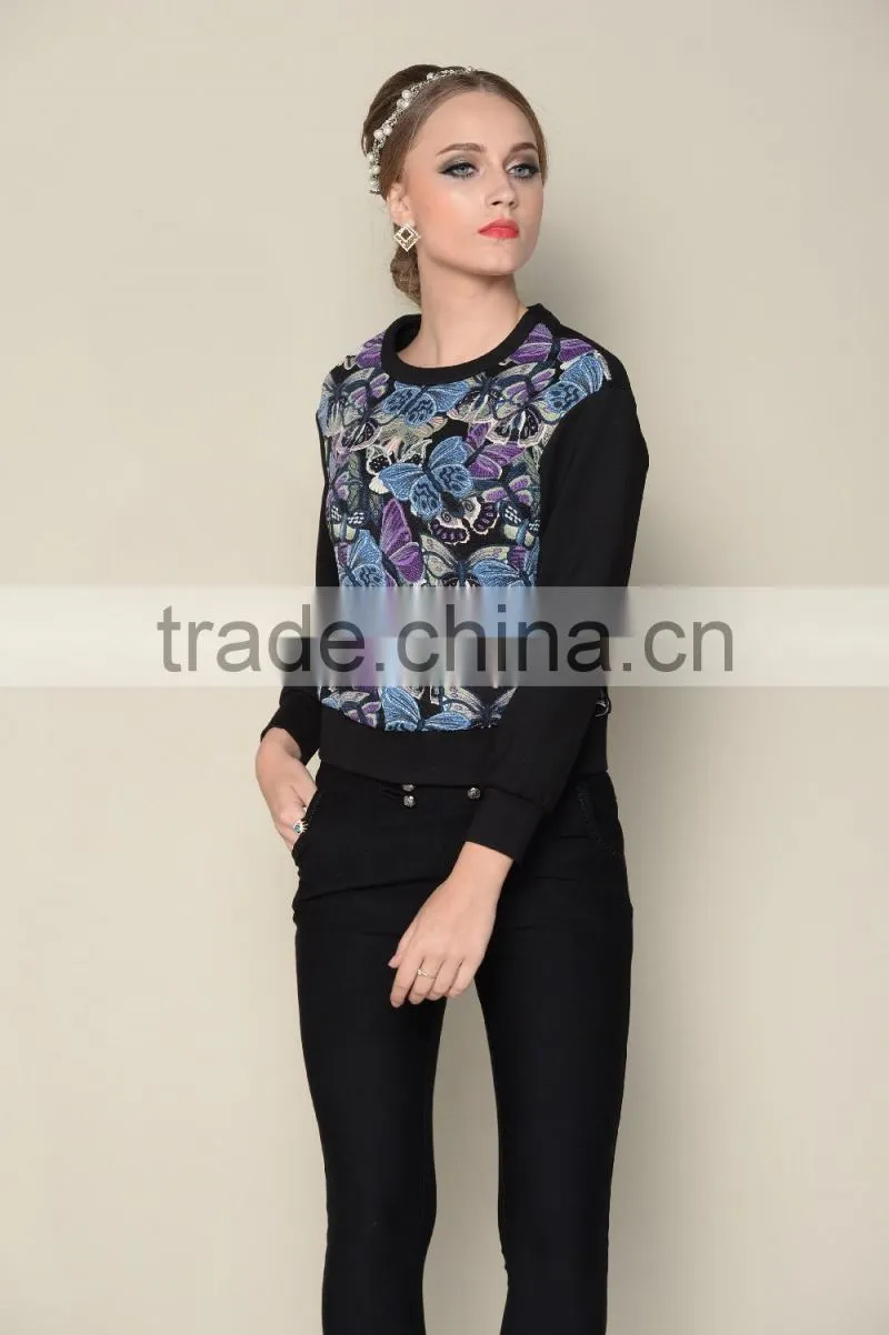 latest black long sleeve floral printing women designer blouse patterns