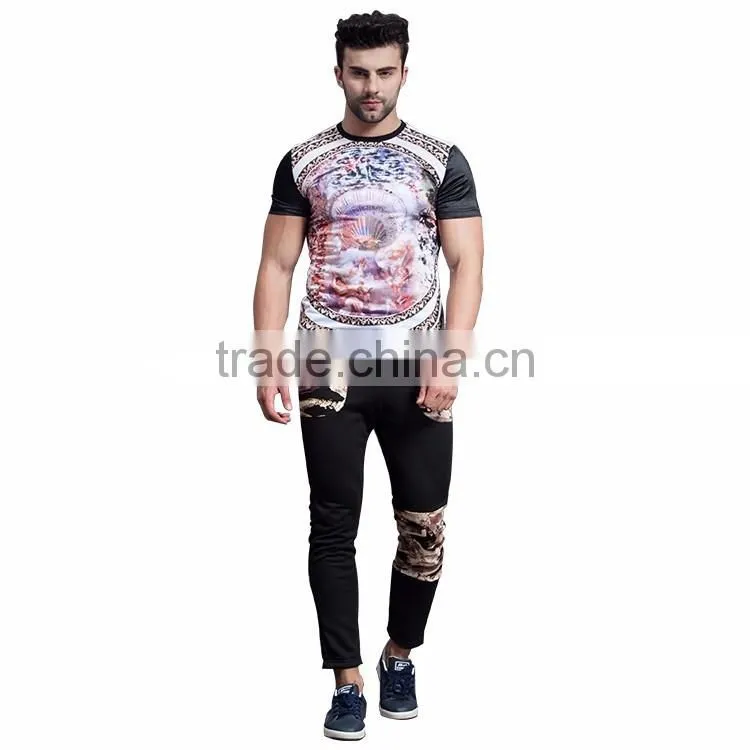 2016 new style custom print patch plain black 97%cotton casual fitness mens printed pants