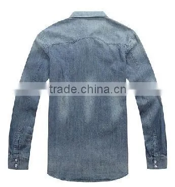 2016 new double pockets slim fit stone washed denim shirt for man