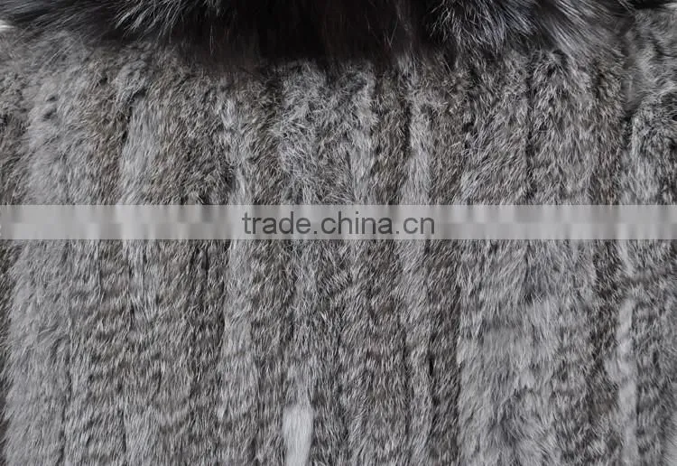 YR263 Genuine Rabbit Knit Fur Vest with Fox Collar Top Quality