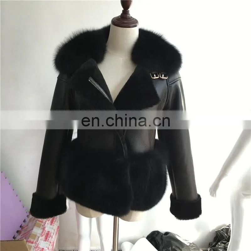 Modern New Style Real Fox Fur Collar Jacket Fashion Mongolian Lamb Skin Fur Coat