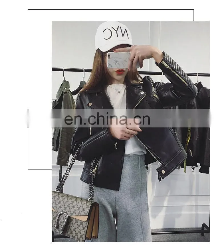 Wholesale Spring Female Long Sleeve Short Beaded Motorcycle Jacket Excelled Leather Jacket